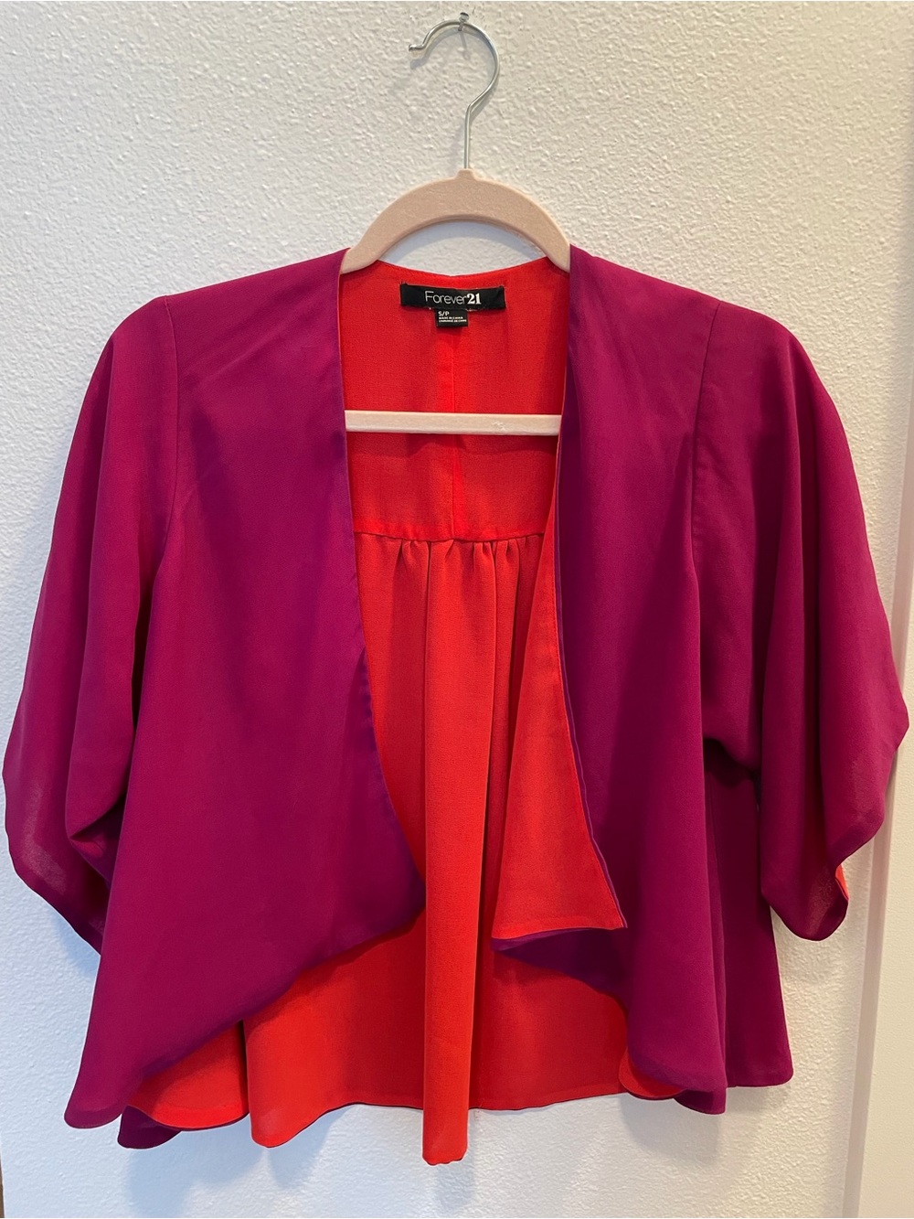 Forever 21 Fuchsia Open-Front Cropped Jacket with Red Lining